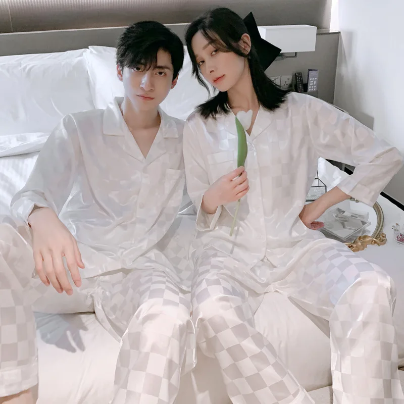 Luxury pajamas set satin silk sexy pajamas couple pajamas ladies loose casual home wear men's casual pajamas couple models