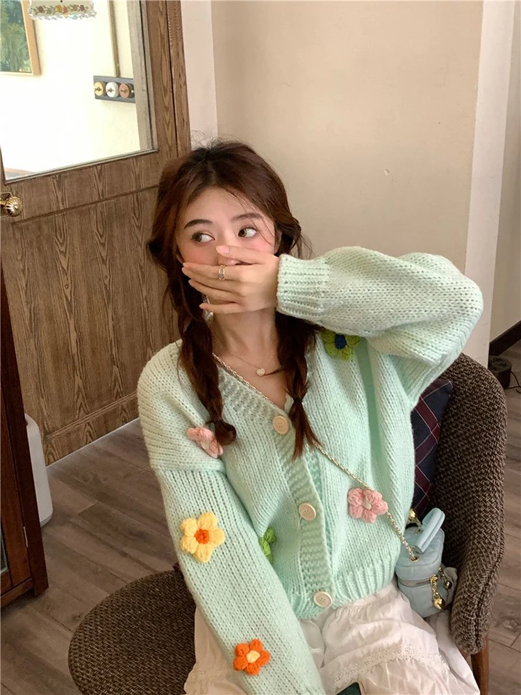 

Jmprs Korean 3D Floral Sweet Cardigan Women Casual Fashion Soft Knitted Sweaters Chic V Neck Lazy Wind Lady Loose Cardigan Coat
