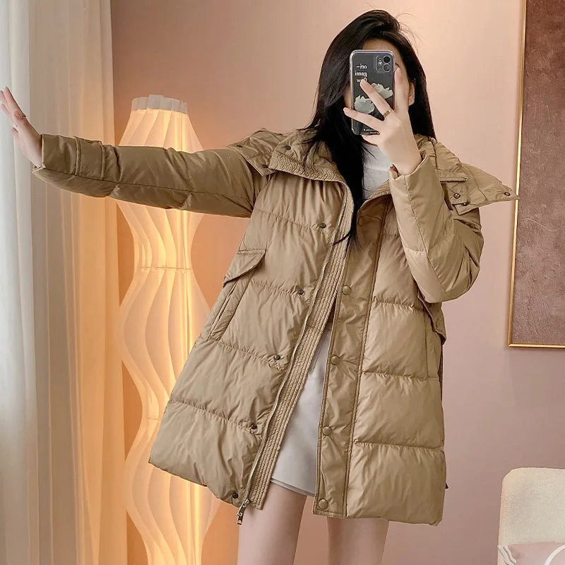 White Duck Down Jacket Winter Women High Quality Solid Long Single-breasted Elegance Warm Commute Belt Khaki Coat Jackets Parkas