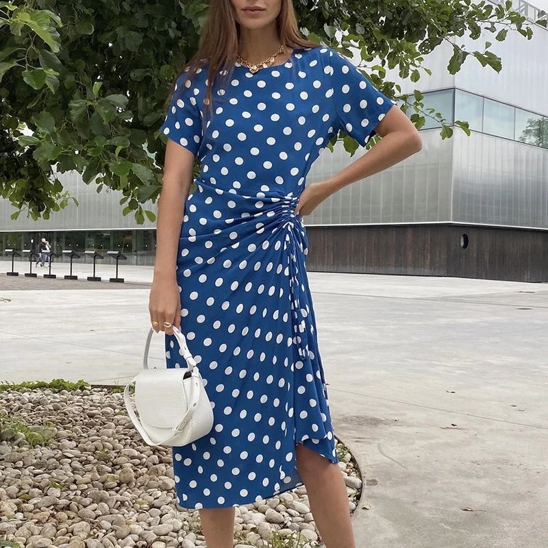 

2023 New Blue Elegant Polka Dot Short-sleeved Dress Female Summer Drawstring Stitching Temperament Slim A-line Mid-length Skirt
