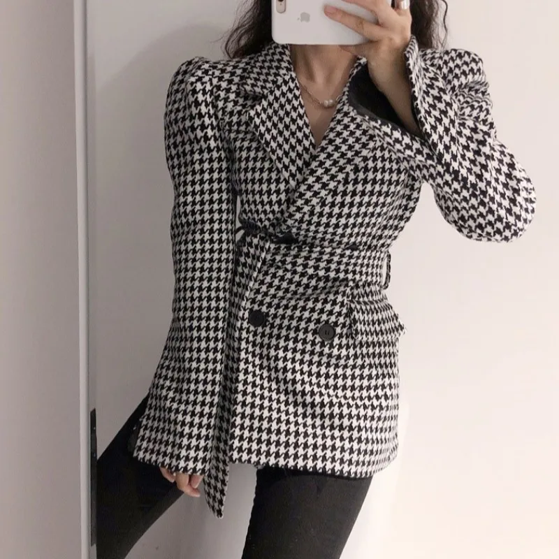 Autumn Winter New 2023 Houndstooth Blazers Women Jacket Woolen Pocket Checkered Puff Sleeve Lace Up Wild Tops Slim Vintage Coat