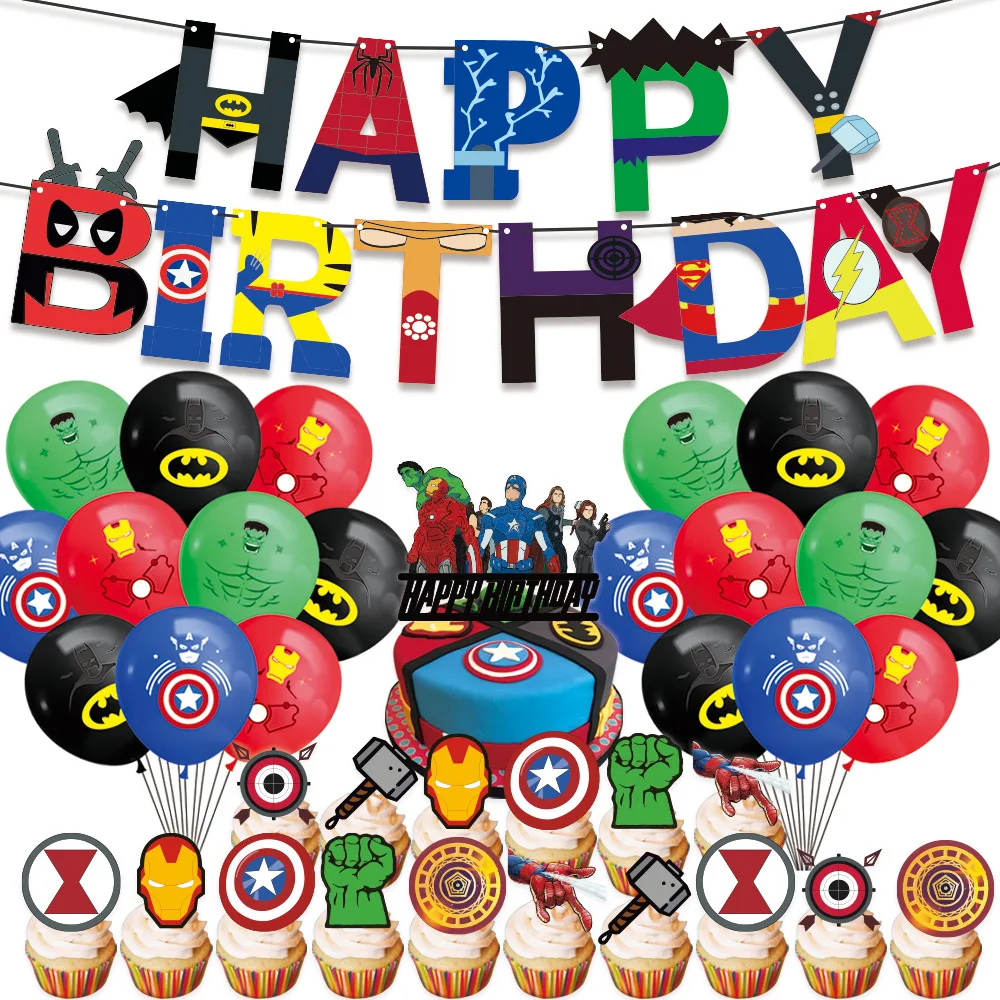

MARVEL Avengers Figures Birthday Party Decorations Set Spiderman Balloons Pull Flag Banner Cake Card Supplies Children Toys Gift