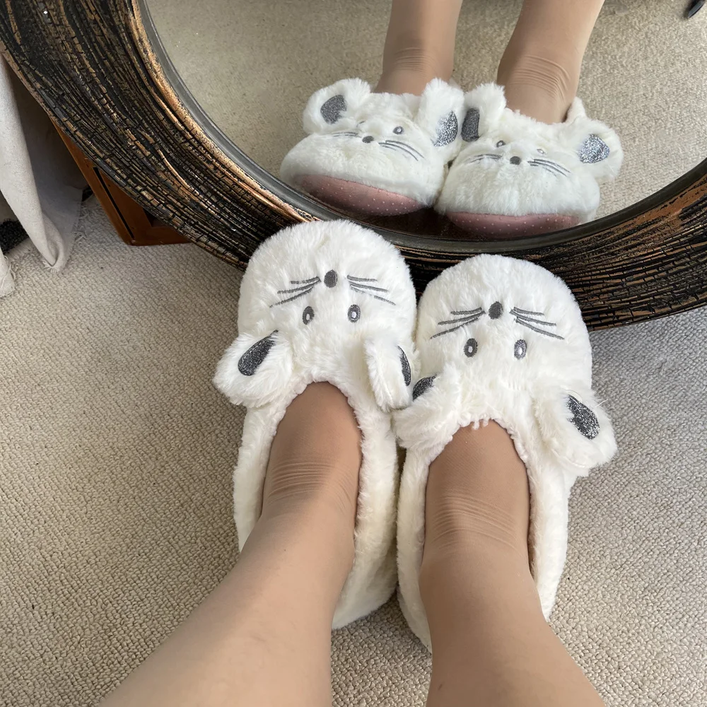 

House Slipper Women Winter Non Skid Grip Indoor Fur Contton Warm Plush Fluffy Lazy Female Mouse Ears Home Fuzzy Flat Shoes 2023