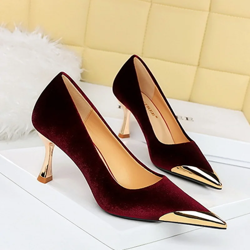 Women Corduroy High Quality Metal Toe Pumps Long Mouth Null Shoes 7cm Med Gold Thin Heels Beige Wine Zapatos De Mujer 34-40 25cm