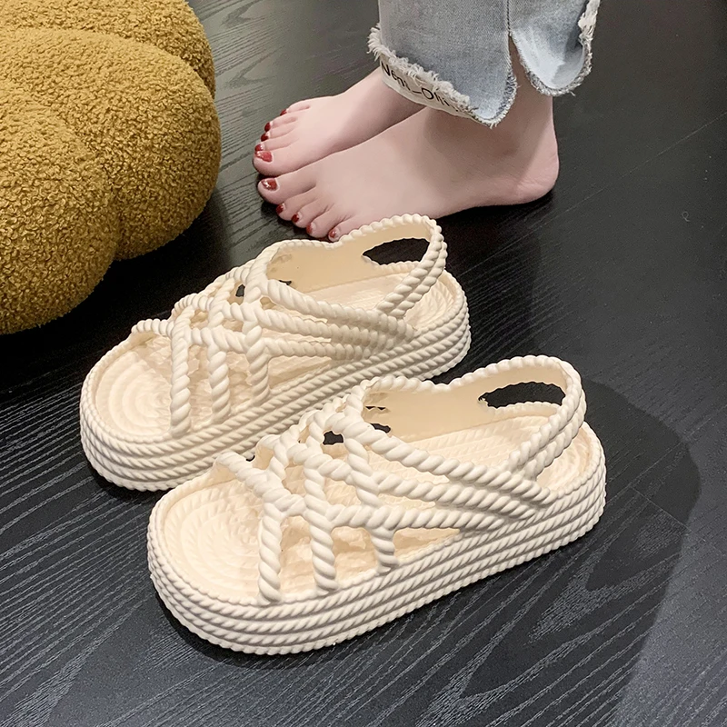 

Clogs Wedge Beige Heeled Sandals Straw Shoes Women Med Breathable Cross All-Match 2023 Summer Anti-Skid Espadrilles Platform Bla