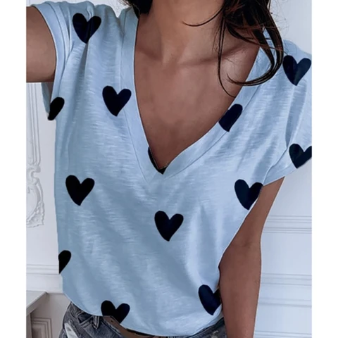Fashion Women's T-shirt Summer V-neck New 3d Love Print Short-sleeved T-shirt Tops Simple Casual Pullover Retro Women's Clothing
