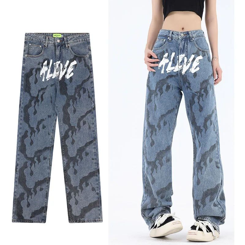 

Винтажные синие свободные джинсы в стиле Харадзюку С принтом граффити уличное платье в стиле рок панк рэп повседневные широкие брюки женские Y2K