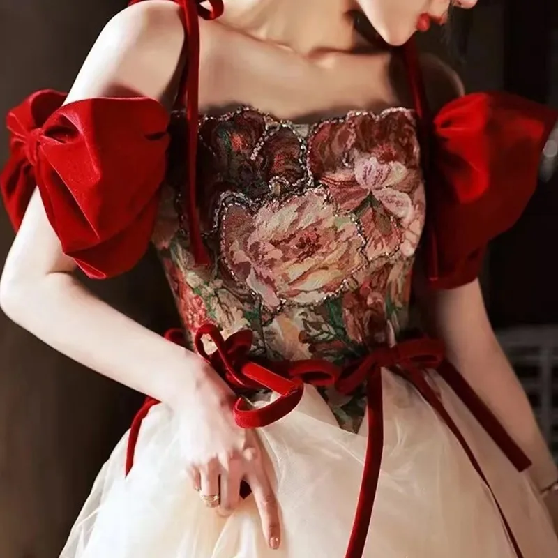 Индивидуальный дизайн с цветочным бантом и рукавами на шнуровке для свадебной