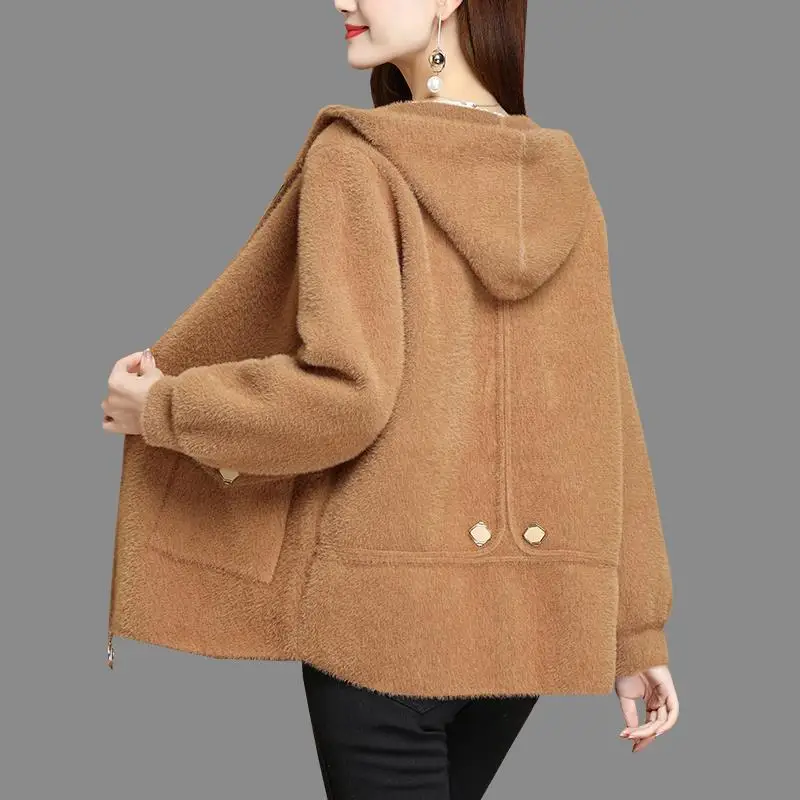 Parkas Women's Outdoors Coats 2022 Winter Faux Fur Imitation Mink Velvet Zipper Splicing Hooded Cardigan Casual Jackets Woman