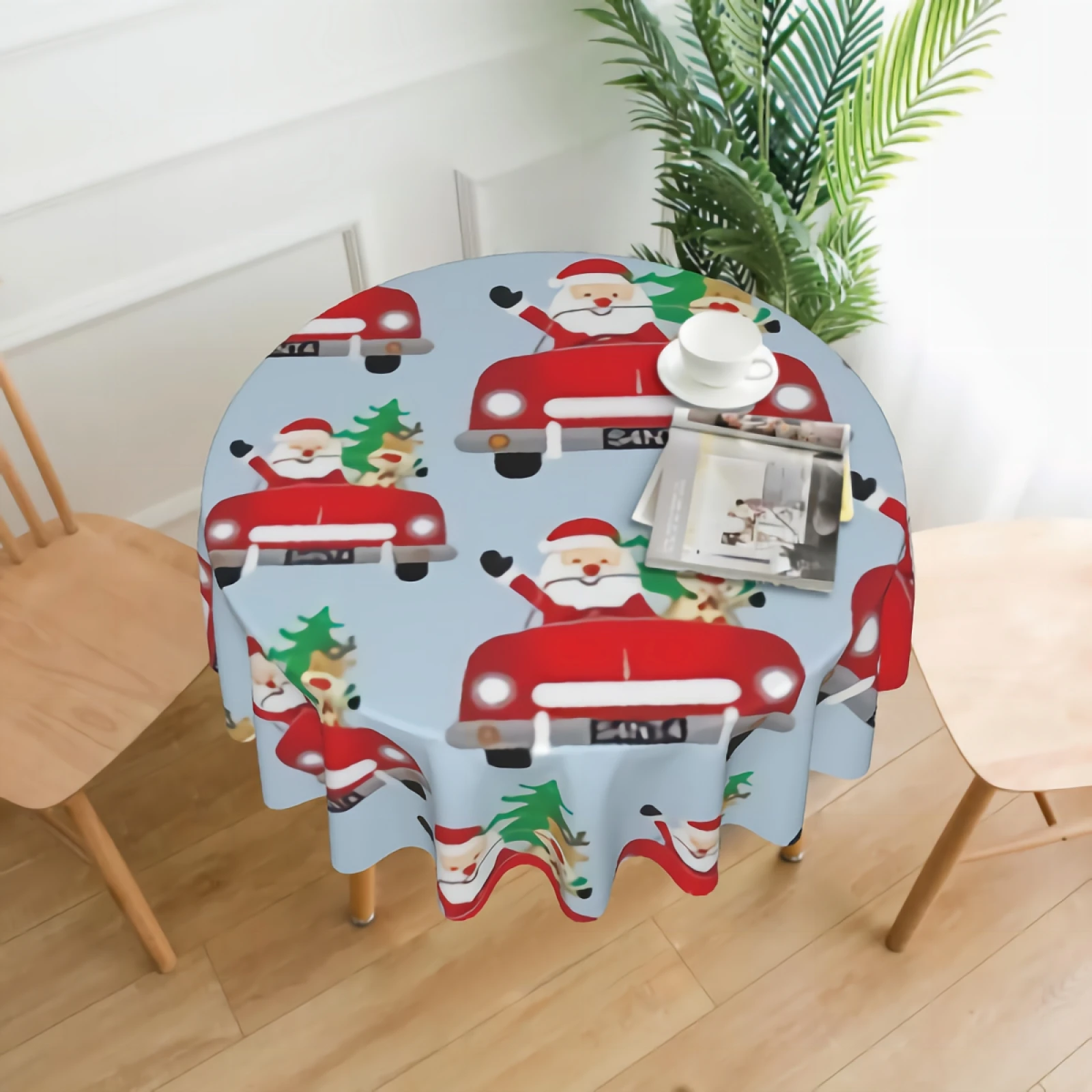 

Christmas Car, Santa And Reindeer Pattern Tablecloth, Table Cloth for Round Tables,Waterproof Resistant Table Cover