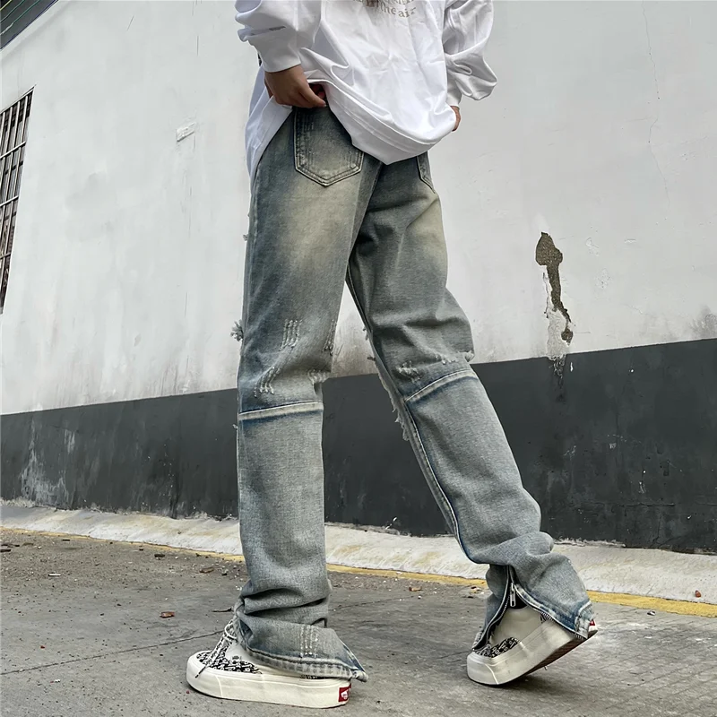 Streetwear Men 2022 New Pattern Vintage Recreational Blue Ripped Jeans Loose Broad Leg Straight Cylinder Trousers Autumn Female