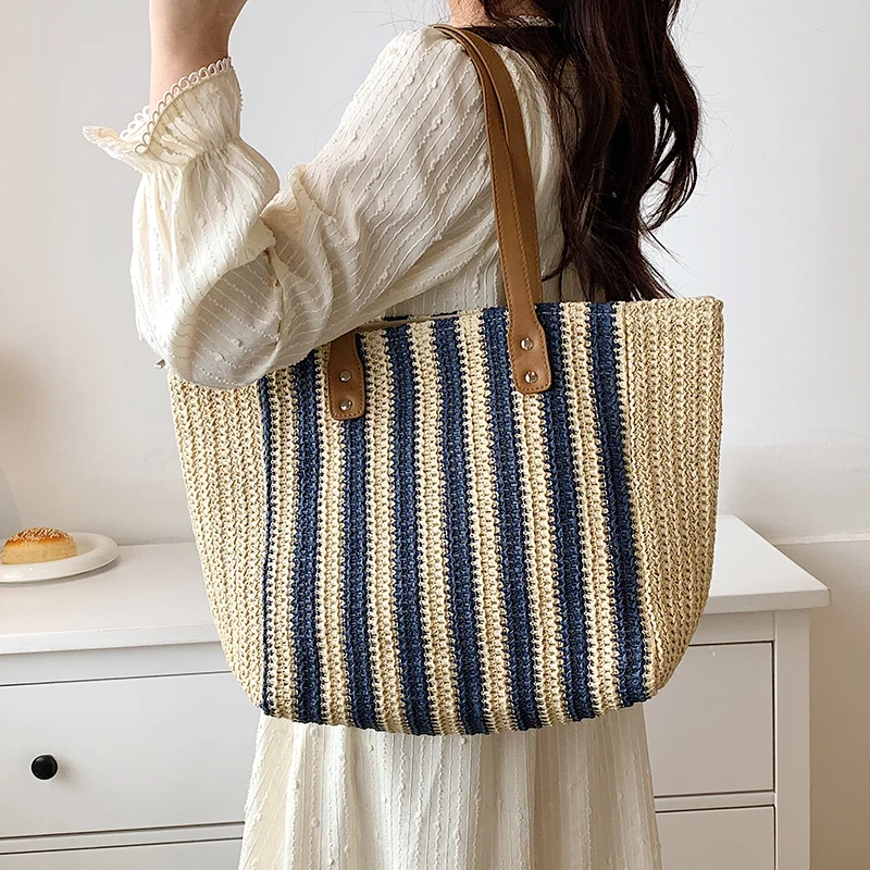 

Designer Woven Shoulder Crossbody Bags 2022 Summer Stripe Casual Large Capacity Tote Rattan Women Handbags Luxury Big Beach Bag