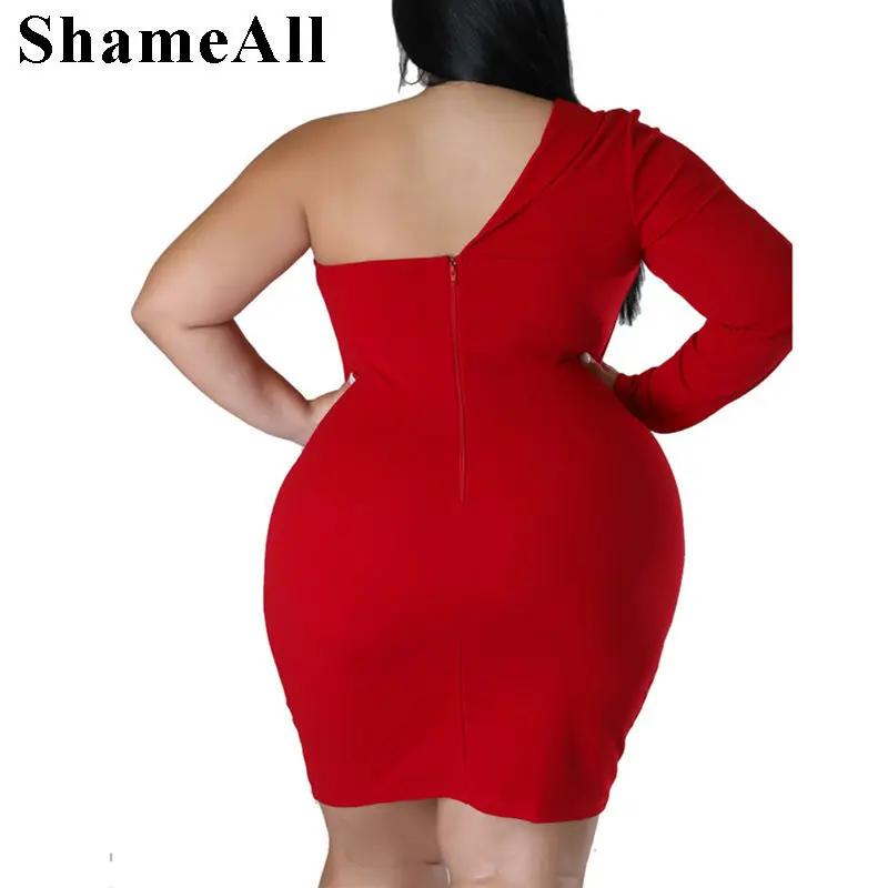 Plus Size One Shoulder Long Sleeve White Party Dress 4XL Sexy Backless Mini Blazer Night Dress Birthday Evening Bodycon Outfits