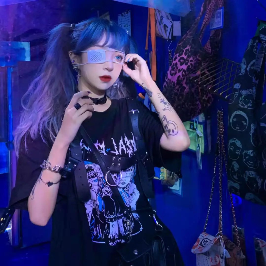 

Harajuku T Shirt Aesthetic Gothic Punk Cartoon Short Sleeve Fairy Grunge Tops Women Dropshipping Y2k Loose Oversized Tshirt
