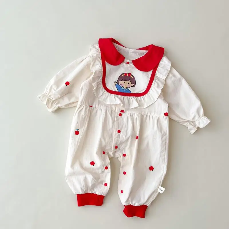 

Autumn New Cartoon Kid Romper Baby Girl Sweet Apple Embroidery Bodysuit Kid Outfits And Infant Cute Detachable Scarf