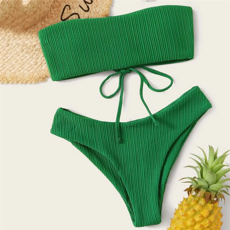 

Однотонное зеленое бикини бандо 2022, женский купальник на шнуровке сзади, женский купальник, летний купальный костюм в рубчик, бикини, пляжная одежда