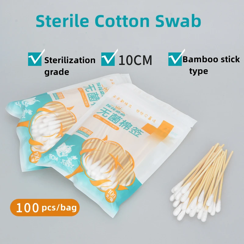 

Sterile Cotton Swab 10cm Medical Wooden Sticks with Cotton Disposable Buds for Wound Cleaning Dressing 100pcs