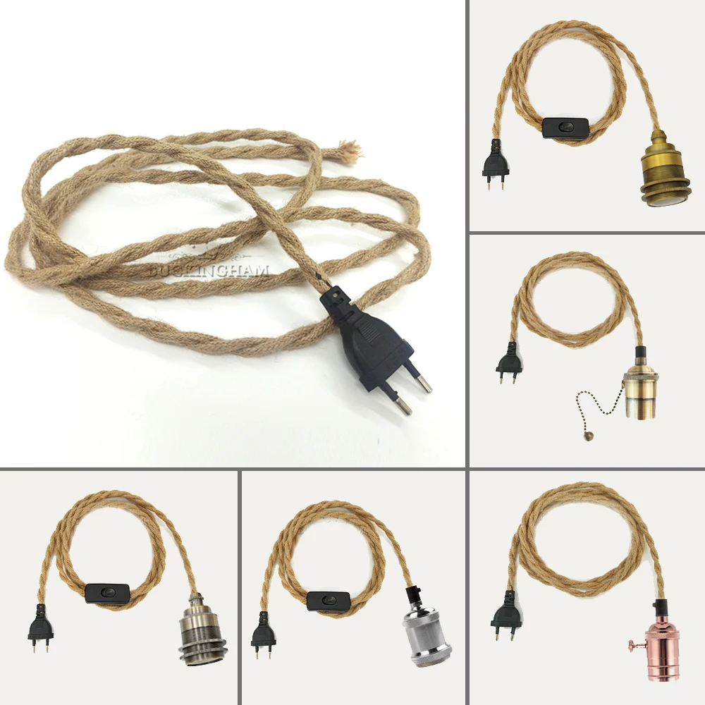 

EU Plug 2M 3M Power Cord Pendant Light Twist Hemp Rope Cables E27 Lamp Holder with ON OFF Switch Wire Edison Bulb Socket Cord