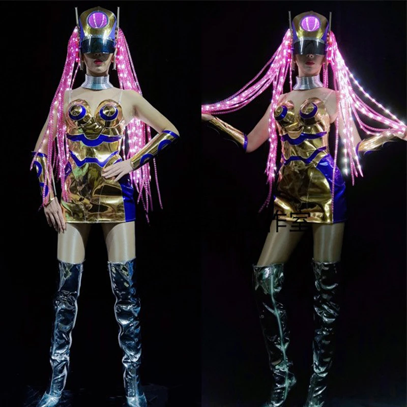 

Одежда Gogo, одежда для ночного клуба, женское платье с золотой технологией певицы, светящийся головной убор, танцевальная одежда для шеста, к...