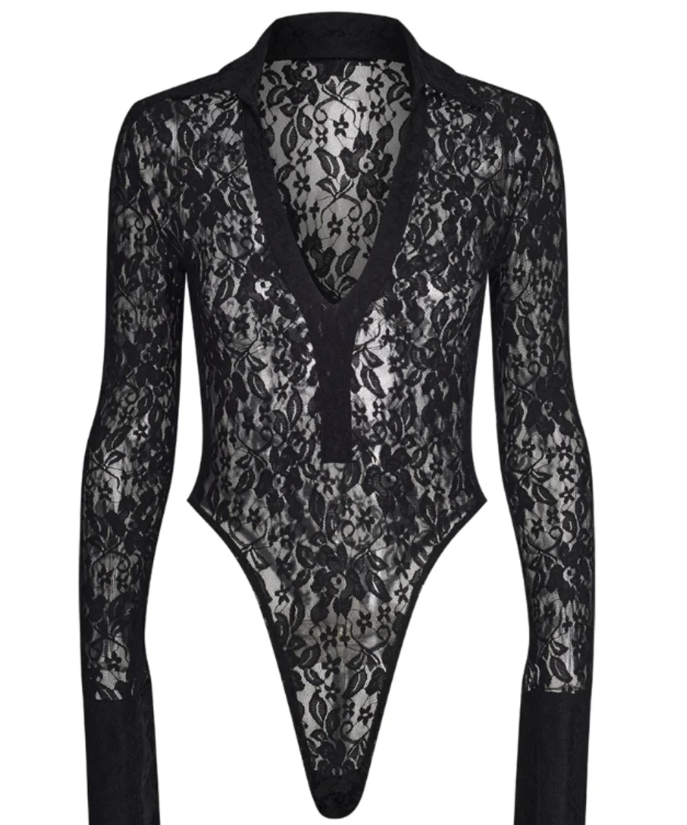 Женское Черное Кружевное боди KYLEAH Y2k с длинным рукавом и V-образным вырезом