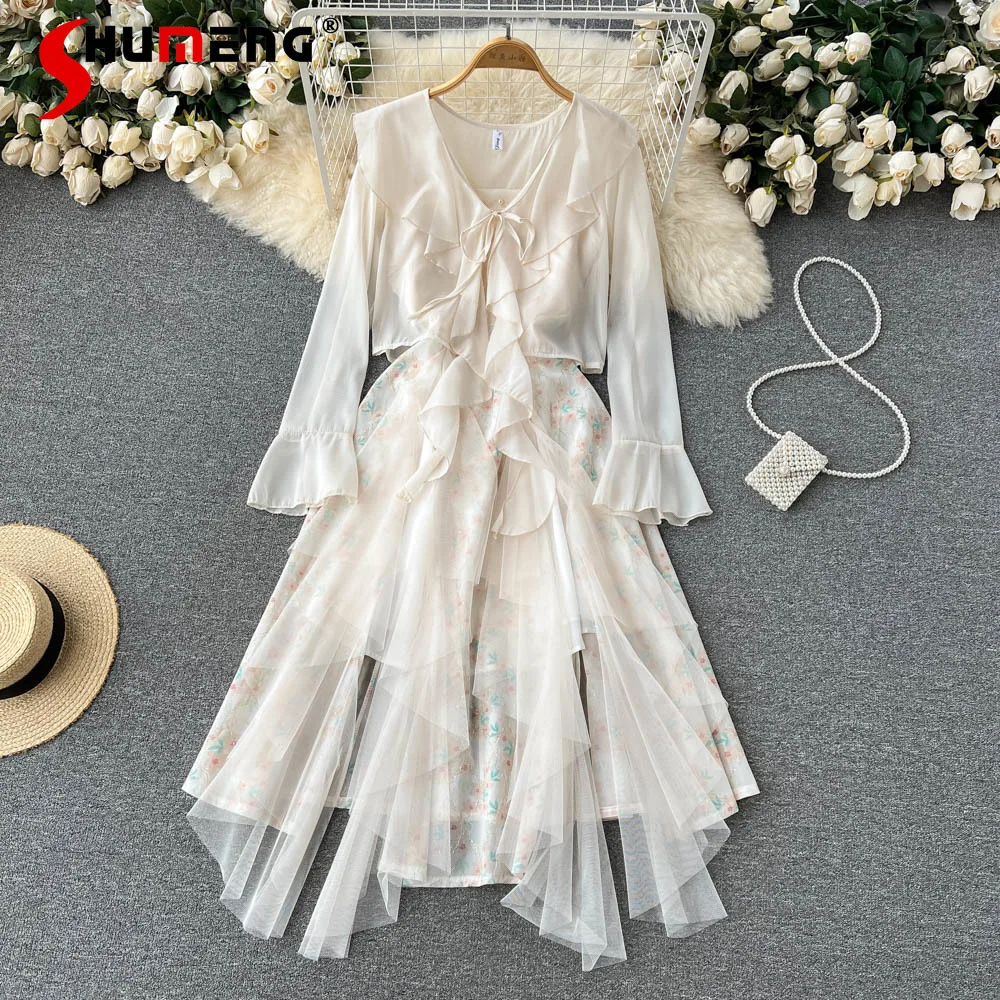 

French Style Gentle Mesh Beads ruffle dress High-Grade Floral Strap Dress Thin Super Fairy short dresses for women Two-Piece Set