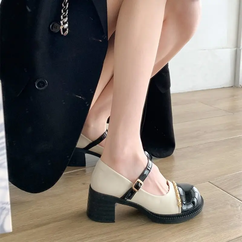 Women's Summer Footwear on Heeled Round Toe Shoes for Woman 2023 Gothic Mary Jane Pumps High Heels Normal Leather Casual Black a