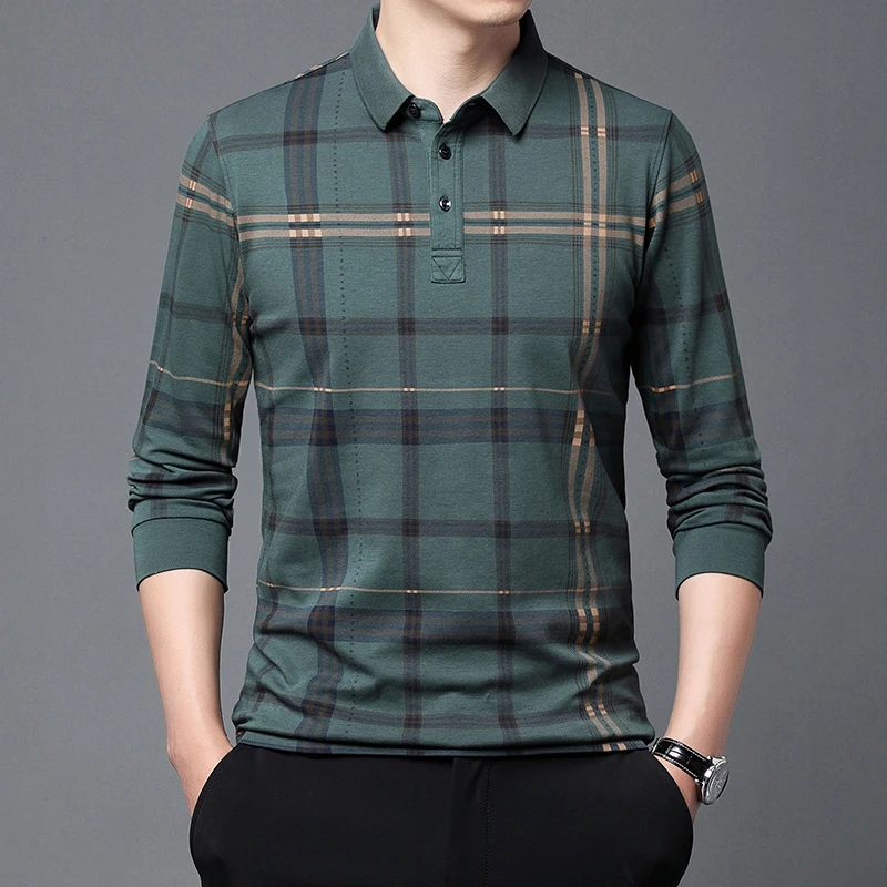 Мужская хлопковая рубашка-поло в клетку с длинными рукавами отложным воротником