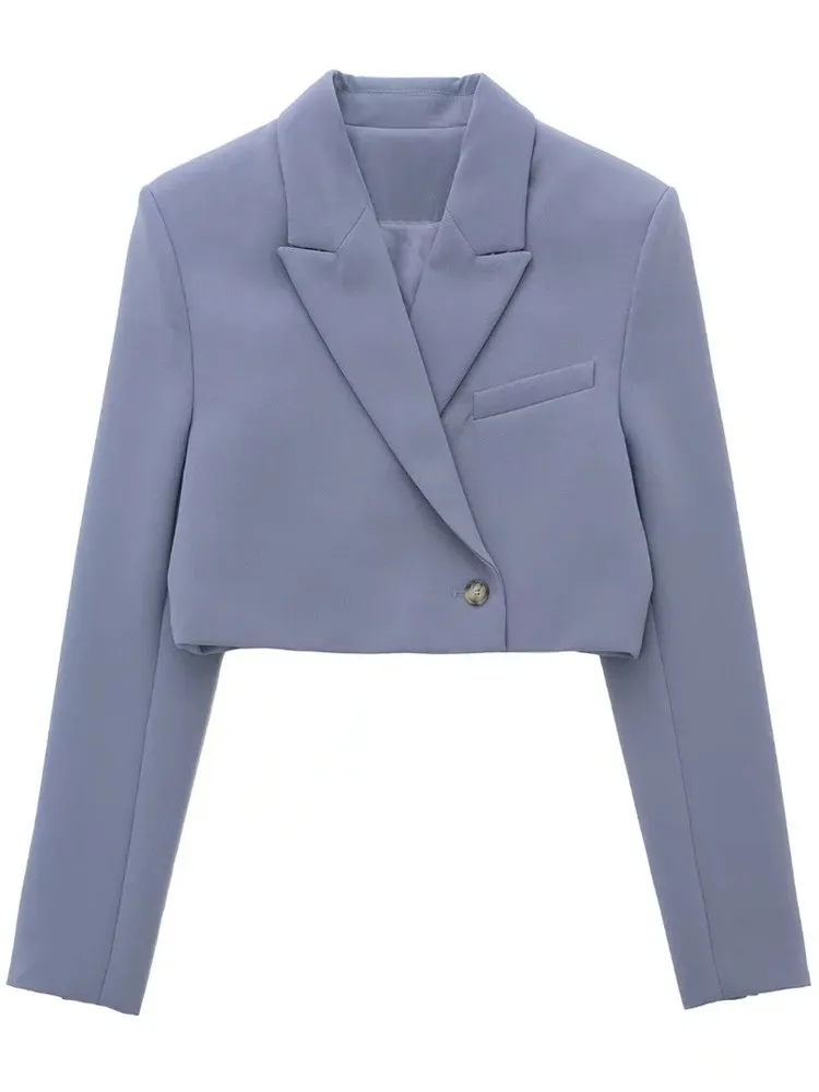

PTYSIC 2022 Spring New Fashion Women Grey Cropped Jacket Double Breasted Long Sleeve Flap Pocket Casual Girls Streetwear