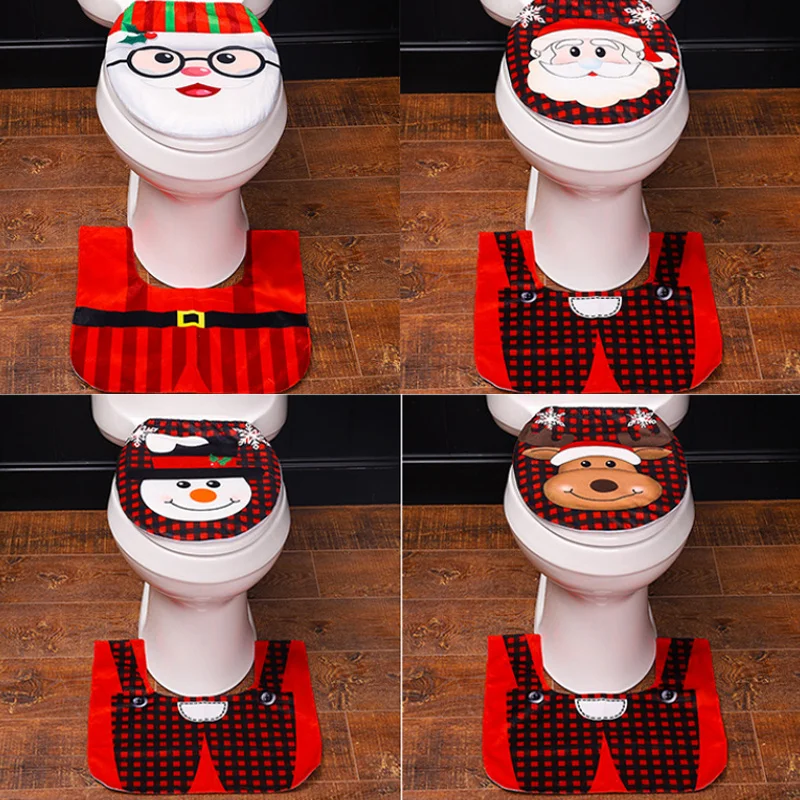 

Рождественский чехол для унитаза с Санта Клаусом, оленем, снеговиком, Рождественский напольный коврик, чехол для резервуара для воды, набор ...