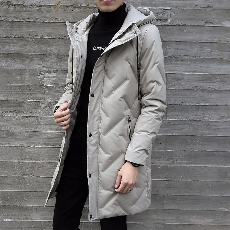 2023 Men's Winter Fashion Korean White Duck Down Jackets Male Long Hooded Coats Clothes Men Solid Color Warm Overcoats S130