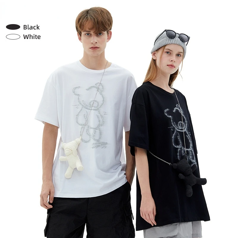 

Футболка мужская оверсайз с коротким рукавом, хлопок, повседневная одежда в Корейском стиле, с графическим принтом мишки, для студентов и па...