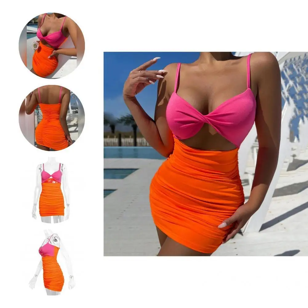 

Breathable Fashion Splicing Color Skinny Summer Dress Anti-pilling Bodycon Dress Stretchy for Banquet