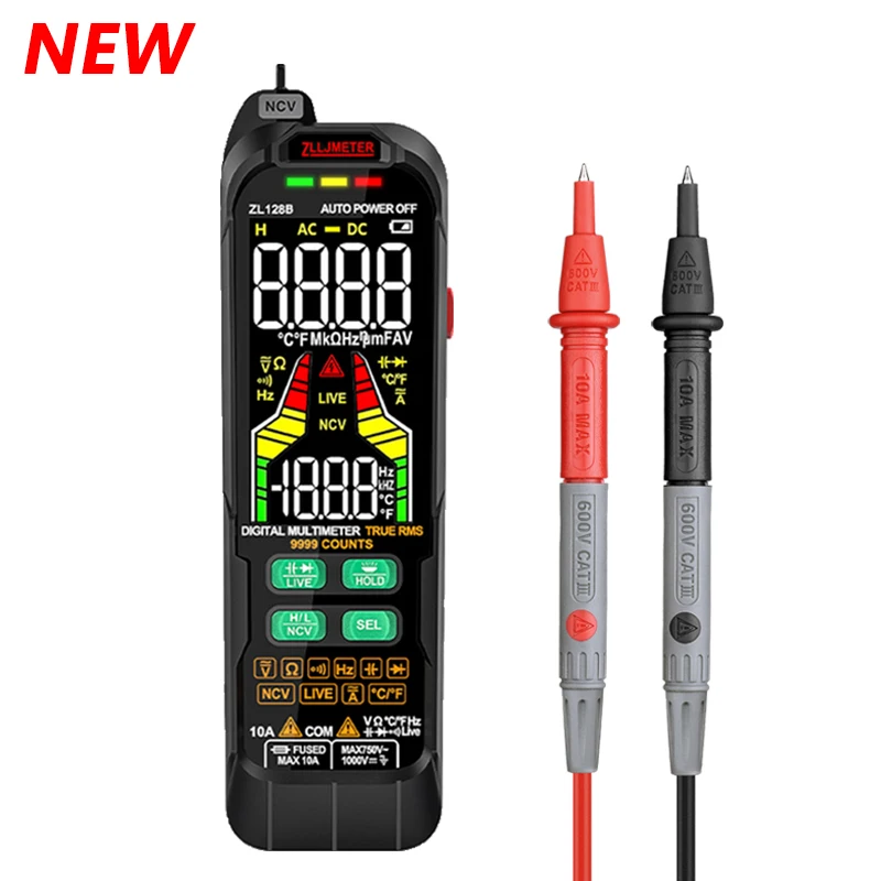 

9999 Count Digital Multimeter T-RMS Color Display DC AC Voltage Tester Capacitance Ohm Diode Multimeter NCV Hz Live Wire Tester