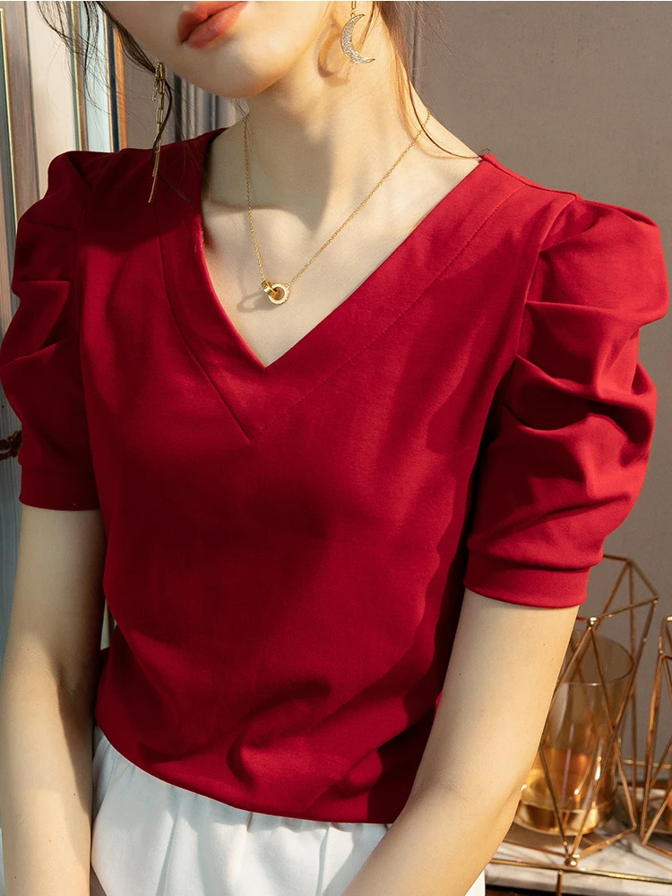 Футболка женская с V-образным вырезом одежда топы коротким рукавом Новинка лета