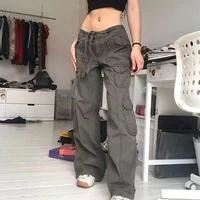 fashion american trousers high street retro gray cargo pants woman sexy low waist baggy pants casual trousers streetwear