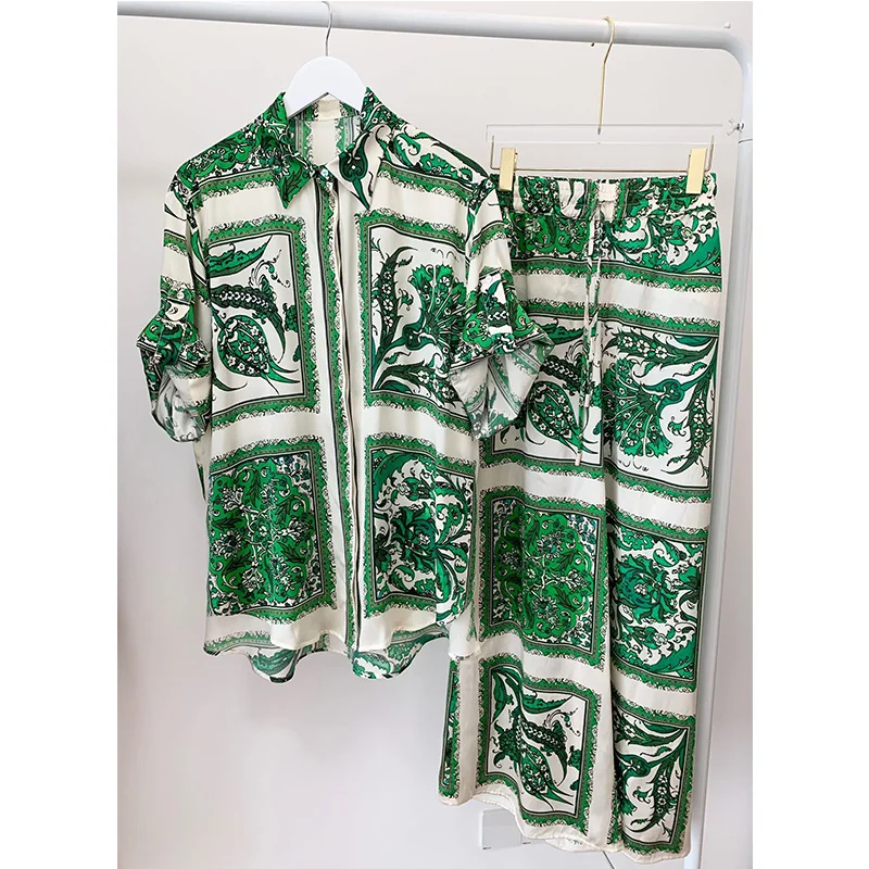 

Green Print Women's Pajama Set Single Breasted Spring Autumn Ladies Sleepwear 2 Pieces With Pant Suit Pijama Suit For Female