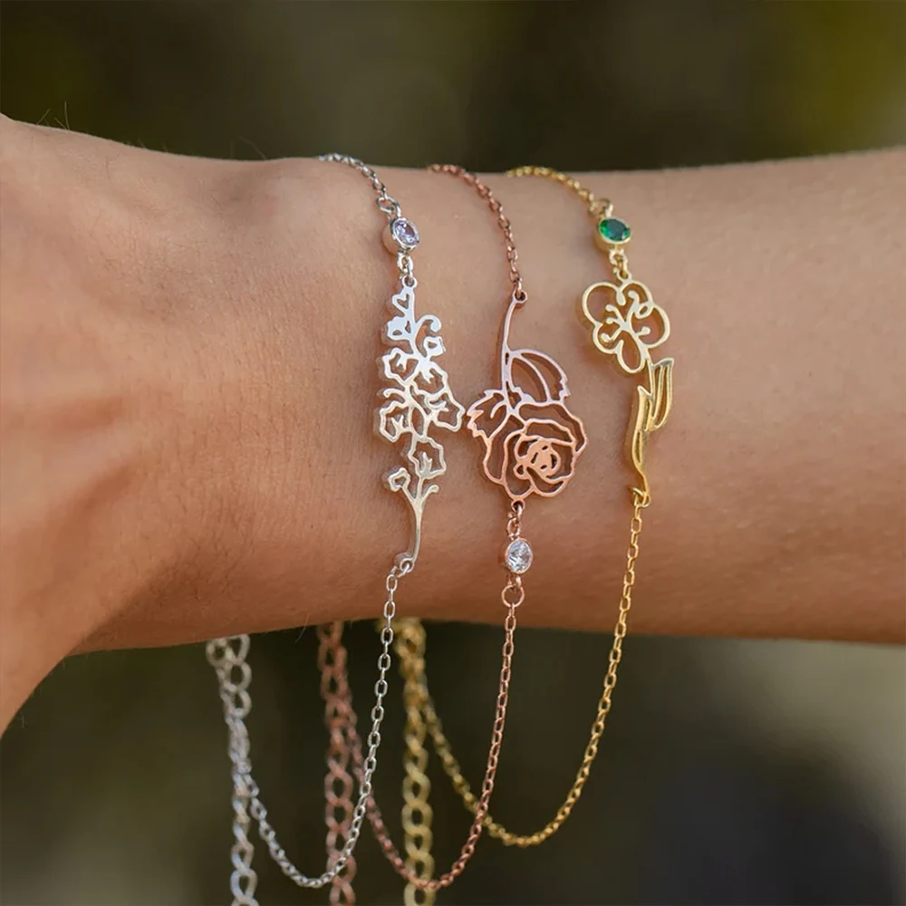 Stainless Steel Custom Bracelet For Women's Birth Flower Personalized Women's Crystal Bracelet Mother Girlfriend Birthday Gift