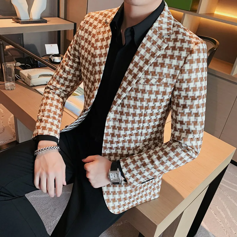 

Spring Autumn England Style Thousand-bird Lattice Slim Business Blazers Male's Premium Texture Suit Jacket Wedding Dress /Tuxedo