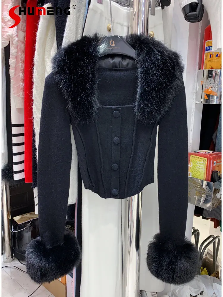 Winer Clothes Ladies Fur Collar Thick Black Knitted Coat 2022 Autumn and Winter New  Korean Style Woman's Fashion Cropped Jacket