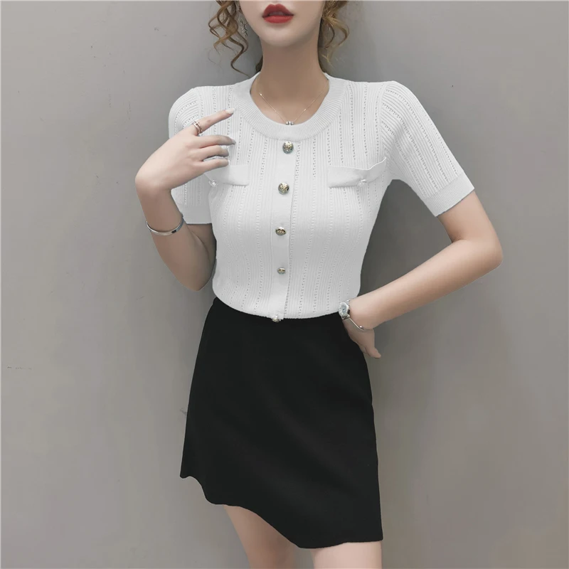 Korean Style Tops 2022 Summer Casual Hollow Out White Thin Sweater Women Button Short Sleeve Knitting Pullover Woman Clothes | Женская