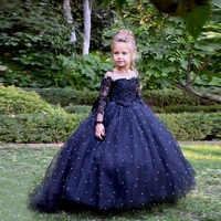 elegant fairy wedding party dress for girls pearls ball gown with chic applique navy blue button back celebre festive dresses