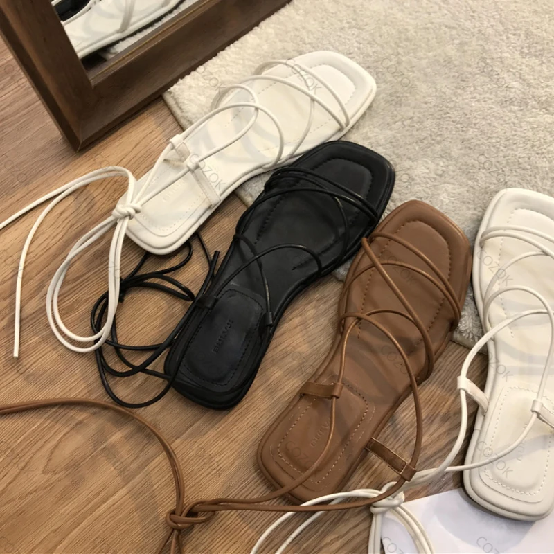 

Summer Shoes Women 2022 Roman Fashion Large Size Solid Color Round Head Open Toe Cross Tie Beach Flat Sandals Sandalias Mujer