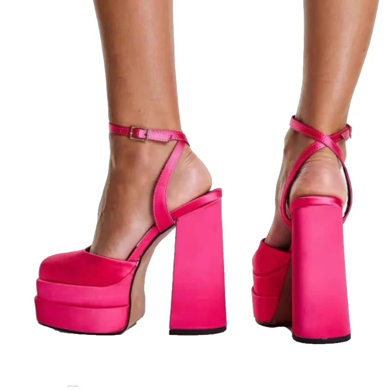 

2022 New Summer Women's Sandals Thick High Heel Platform Pumps Square Toe Sexy Satin Ladies Black Rose Red Party Shoes Big Size