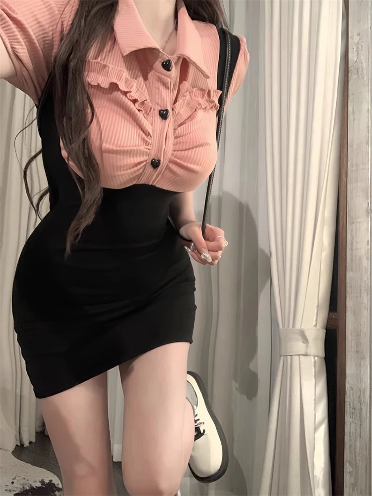 

Sexy Kawaii Princess Mini Dresses for Women Party Button Sweet Female Casual Patchwork Ruffled Korean Fashion Dress Korea Summer