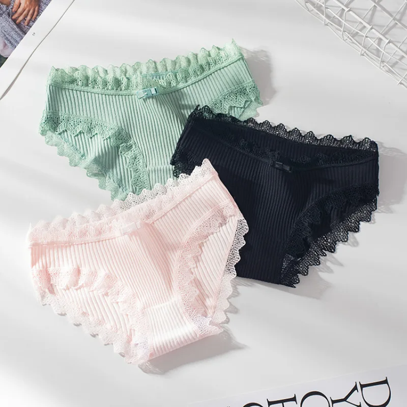 

Fashion Women Casual Panties Lace Mid-waist Underwear Threaded Brief Solid Color Skin-Friendly Ladies Underpants Breathable