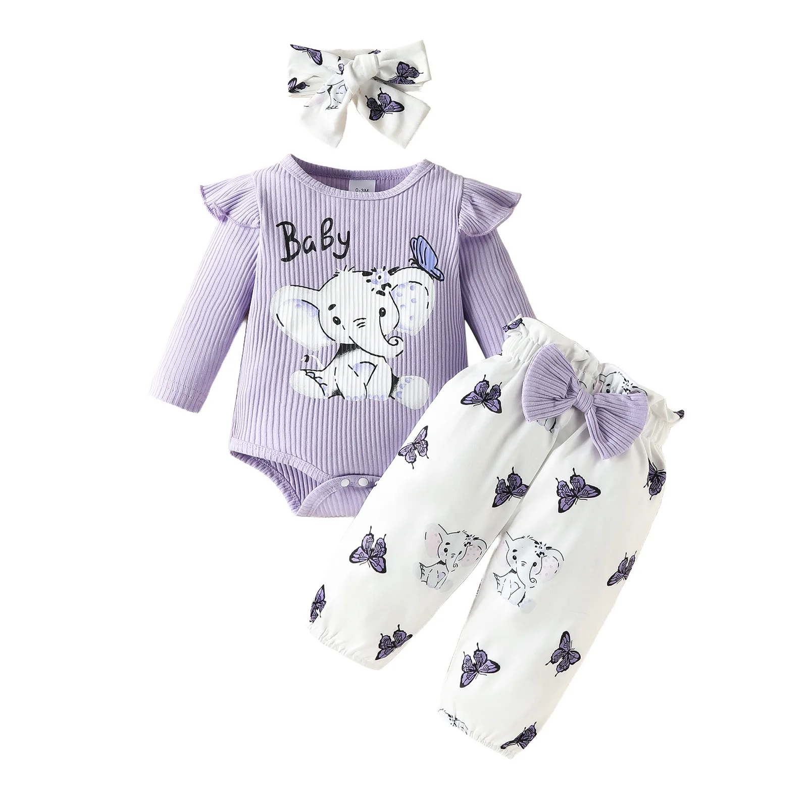 

2023 Winter Baby Girl Clothes Set Elephant Print Long Sleeve Bodysuit Pants Headband 3pcs Baby Toddler Cute Outfits Christmas