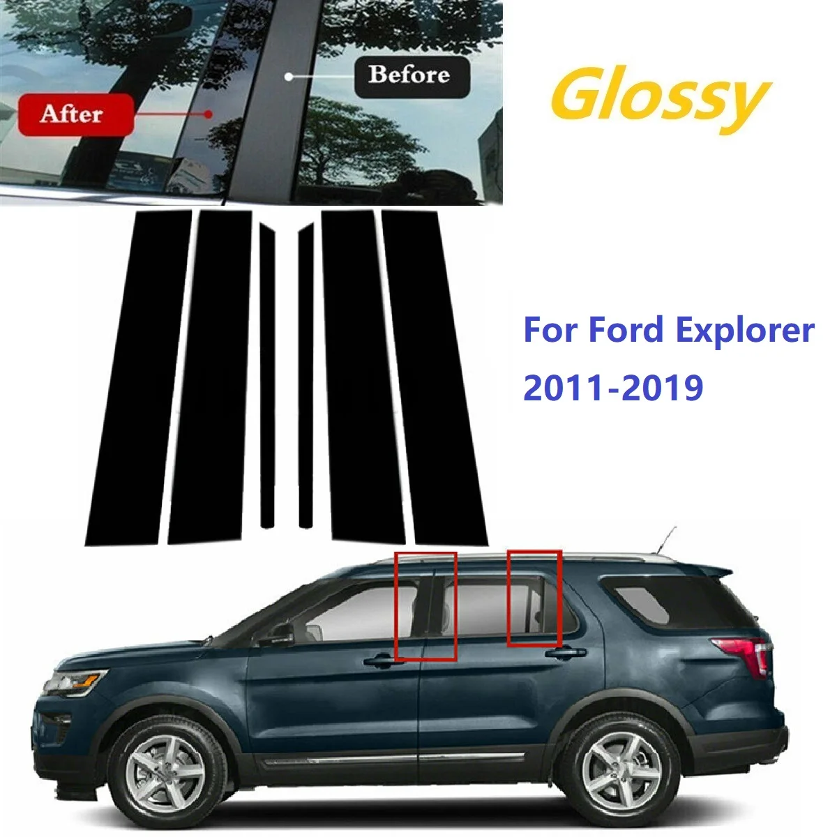 

Polished Pillar Posts For Ford Explorer 2011-2019 Glossy Black Window Trim Cover BC Column Sticker 2011-2019