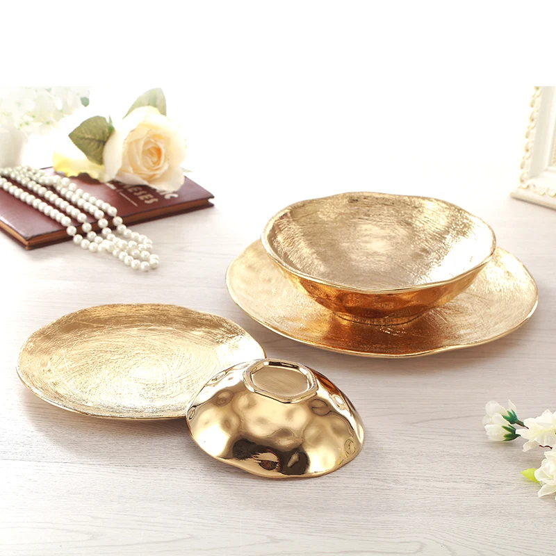 

Nordic Gold High-end Ceramic Steak Plate Model Room Tableware Home Chinese Decoration Decoration Western Food Plate