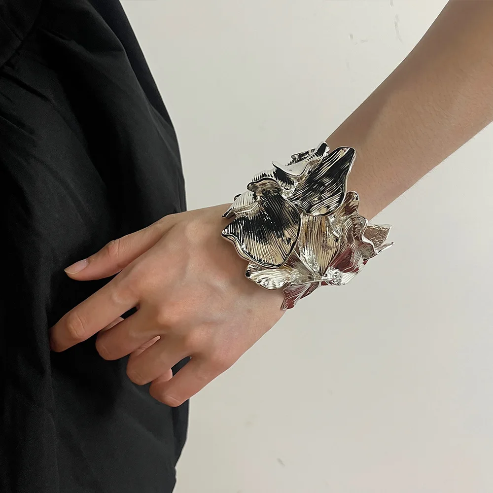 HUANZHI модный винтажный золотой цветочный лист открытый Крупный браслет для женщин