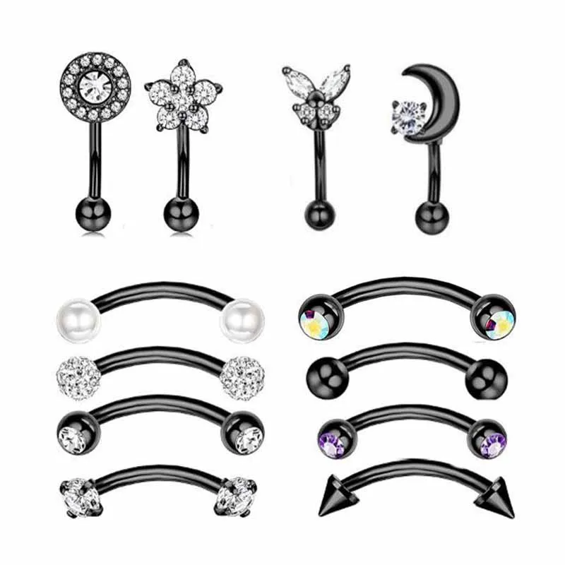 

Latest 12/set Fashion Moon Rhinestone Eyebrow Nails Black Stainless Steel Curved Barbell Women Body Piercing Jewelry